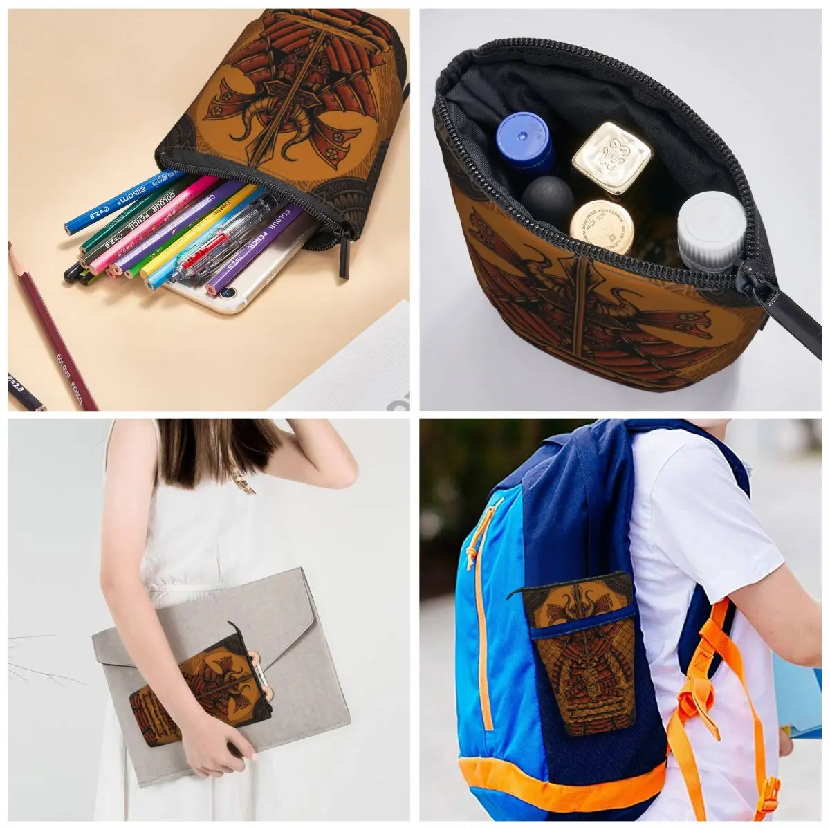 Samurai Krijgers Met Antiek Graveren Ornament Pen Box Student School Rits Pen Tas Pencase Verticale Intrekbare Etui