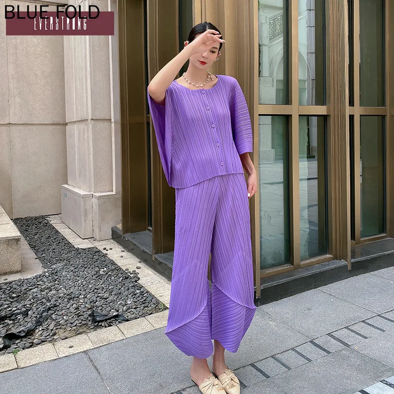 Miyake-Two-Piece Set Women Casual and Simple Wind Princess Sleeve Solid Color Top Loose Irregular Shaped Wide Leg Pants PLEATS