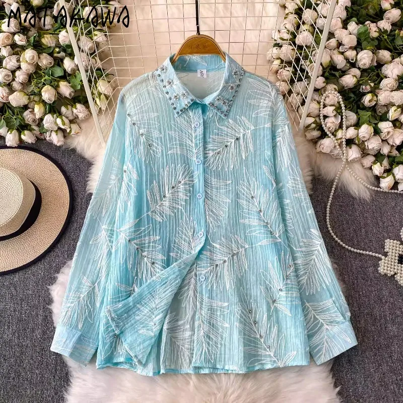 

Matakawa Embroidered Leaf Blouses Spring Autumn Beading Elegant Vintage Women Shirts Fashion Sweet Loose Blusas Feminina