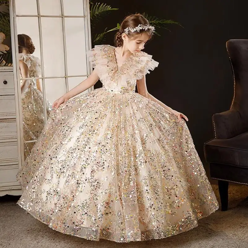 High-End Princess Dress For Girls Kids Sequined Long Frock Children Catwalk Formal Evening Gown Teenagers Pageant Vestidos A2782