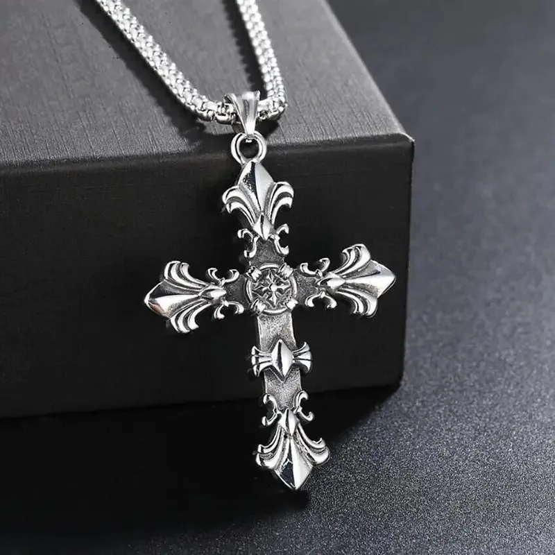 Ensemble de bijoux en acier inoxydable tendance pour hommes, femmes, unisexe, couleur argent vintage, collier avec pendentif croix, pendentif punk gothique