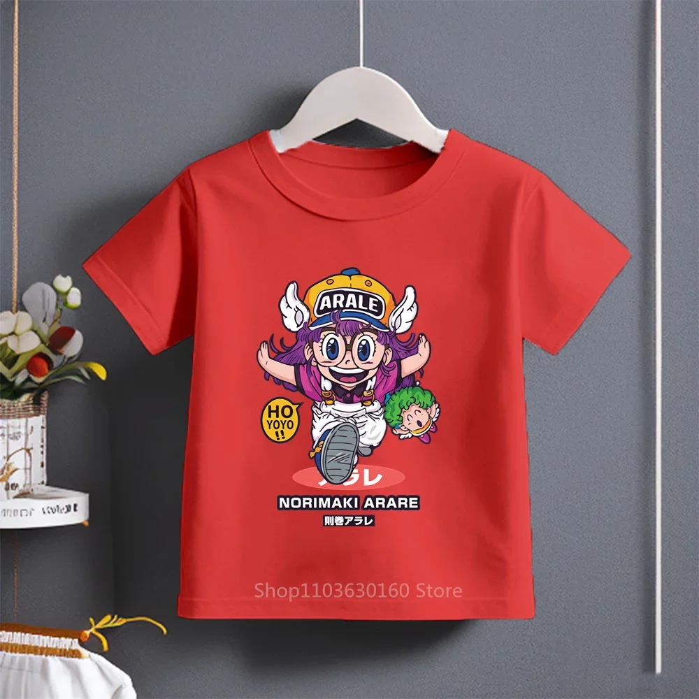 Summer 2024 New Arale Comic Cartoon Print T-shirt Boys Girls Cotton Casual Stylish Short Sleeve Kids Wear