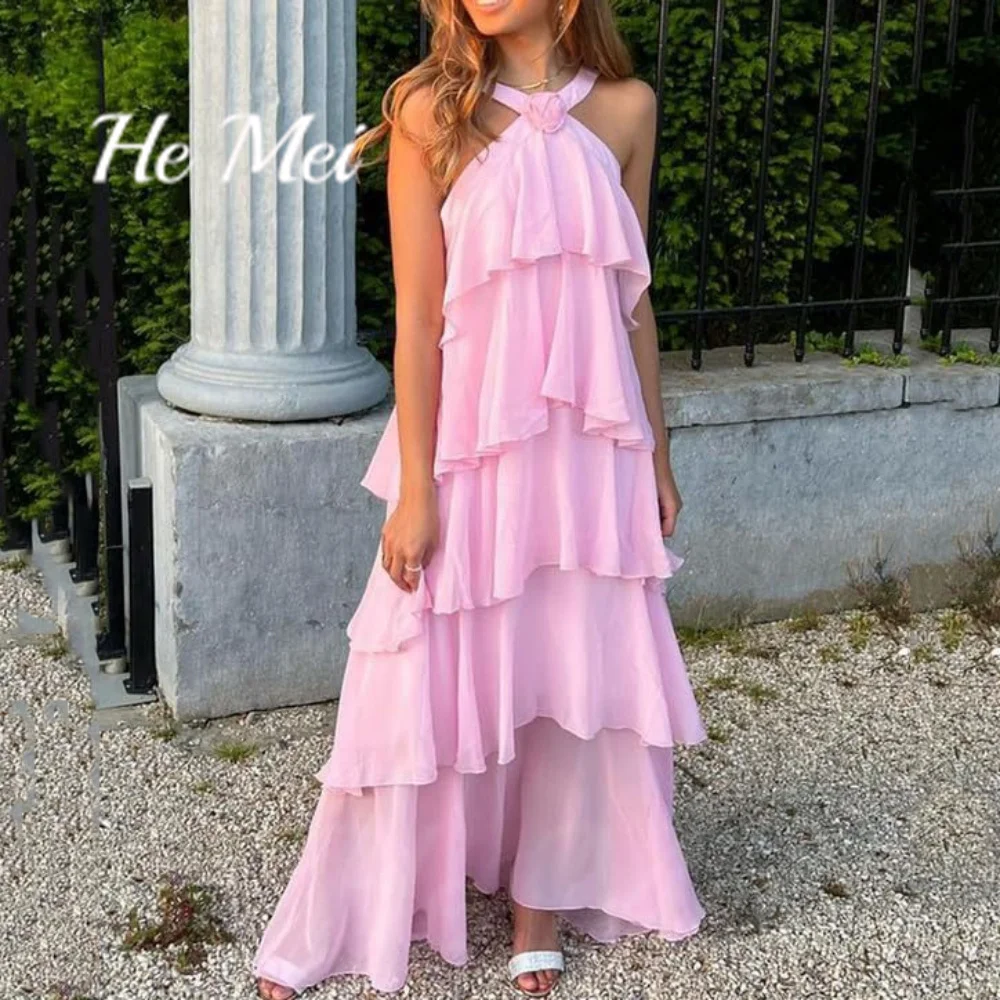 He Mei-vestido de graduación sencillo para mujer, traje de noche bohemio con cuello Halter escalonado para playa, personalizado, largo hasta el suelo