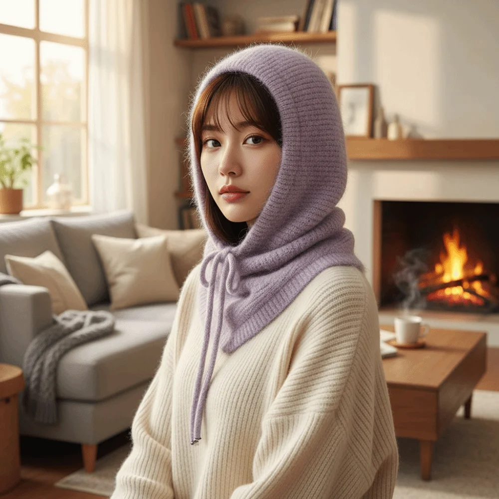 Trendy Style Winter Balaclava Hat Thick Yarn Ear Protection Solid Color Beanie Elastic Ribbed Plain Color Integrated Scarf Cap