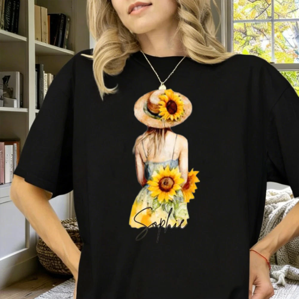 Personalized Sunflower Girl T-Shirt Custom Name Summer Tee for Women Floral Watercolor Aesthetic Shirt Gift for Her Boho Outfit