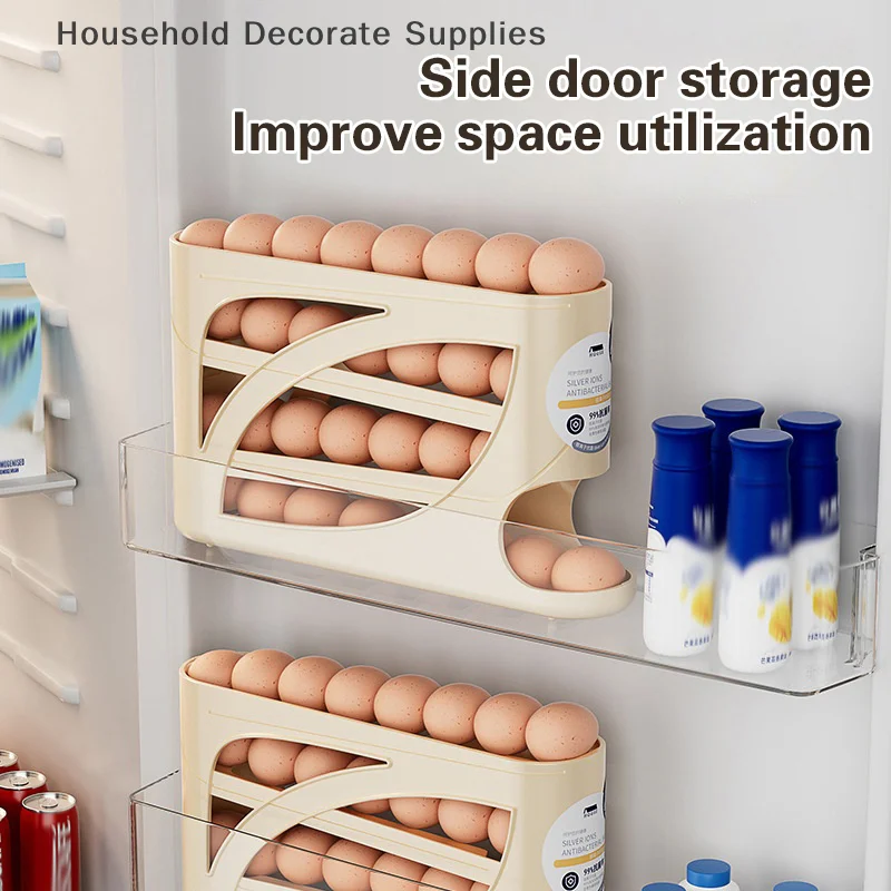 4 Layers Automatic Rolling Egg Holder Rack Fridge Egg Storage Box Container Kitchen Refrigerator Egg Dispenser Fridge Organizer