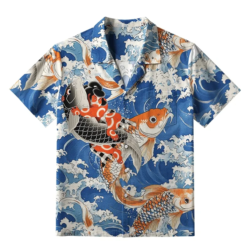 Hot Selling Retro Japanese Wave Warrior Koi Printed Short Sleeved Shirt for Both Men and Women, Personalized Beach Flower Shirt