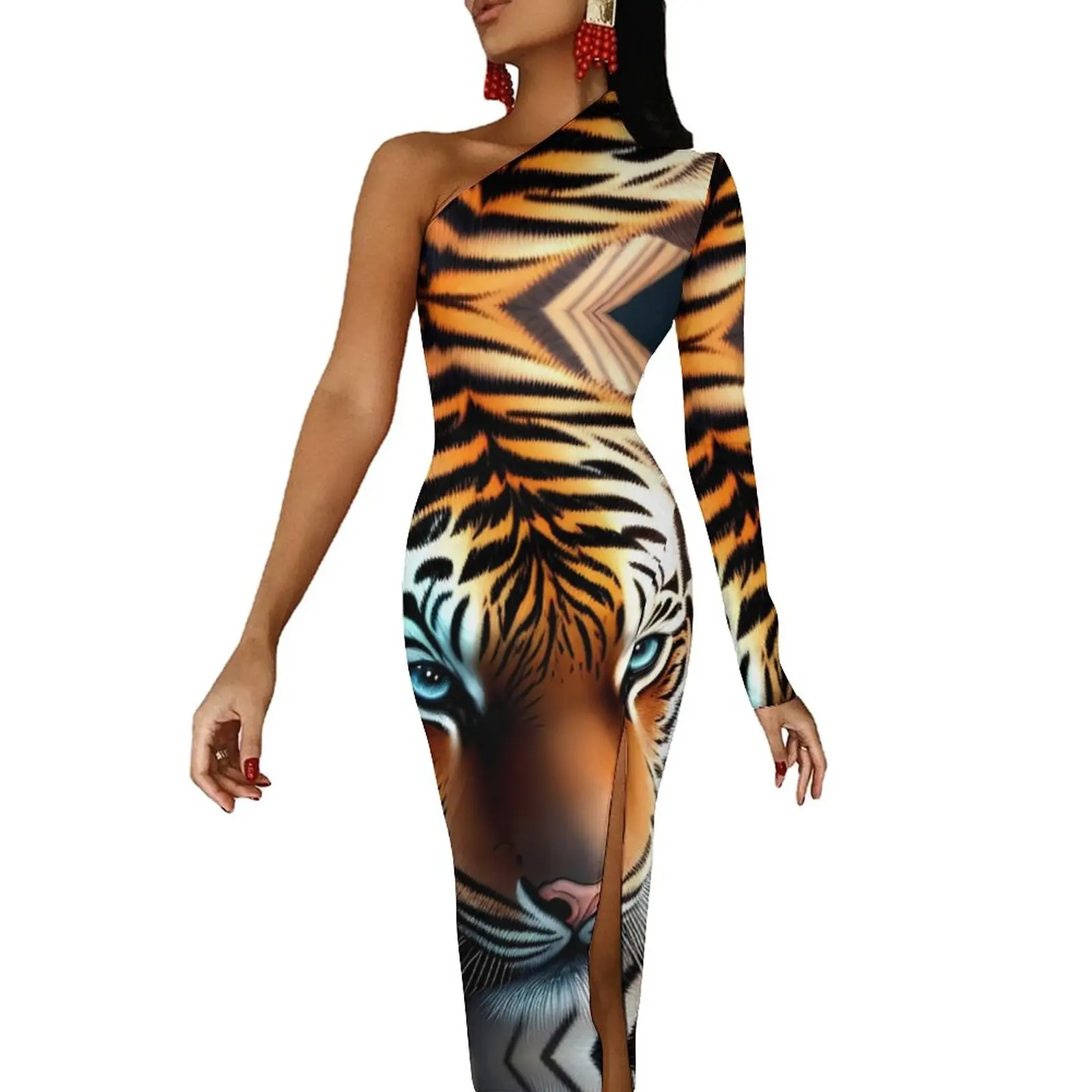 Caspian Tiger Maxi Dress One Shoulder Big Cat Print Street Style Bodycon Dresses Summer Elegant Dress Women Graphic Vestidos