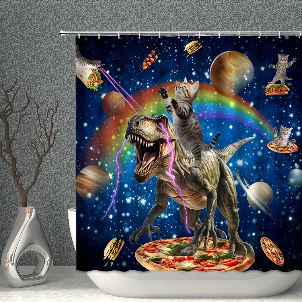 Funny Dinosaur Cat Bath Curtain with Pizza, Rainbow & Planets Design - Washable Polyester Shower Curtain with Hooks