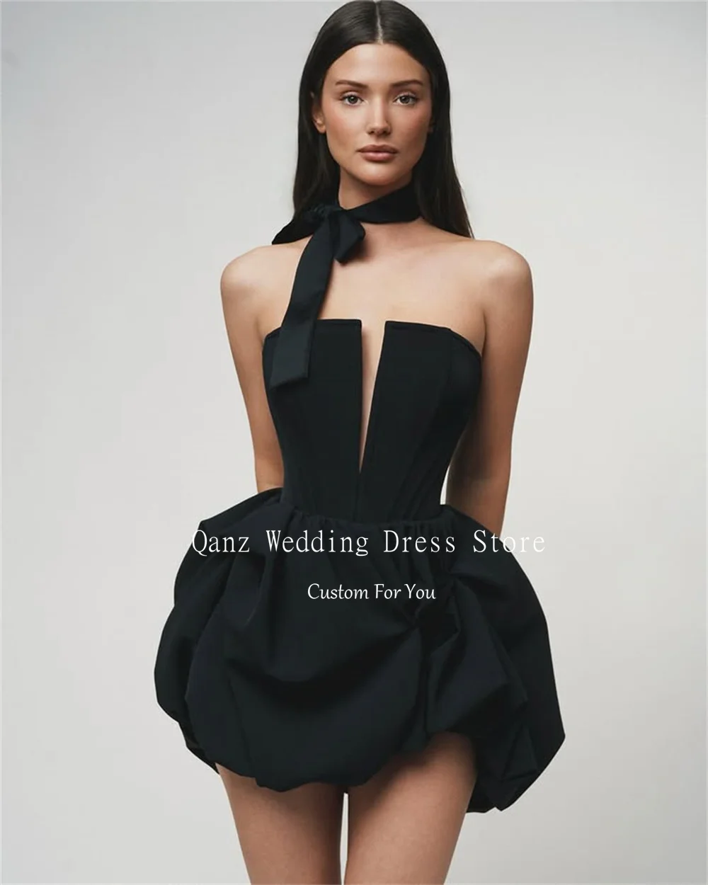 

Qanz Modern Prom Dresses Short A Line Black Satin Sleeveless Mini Ruffles Robe De Soirée Corset Back Vestido De Festa Customized