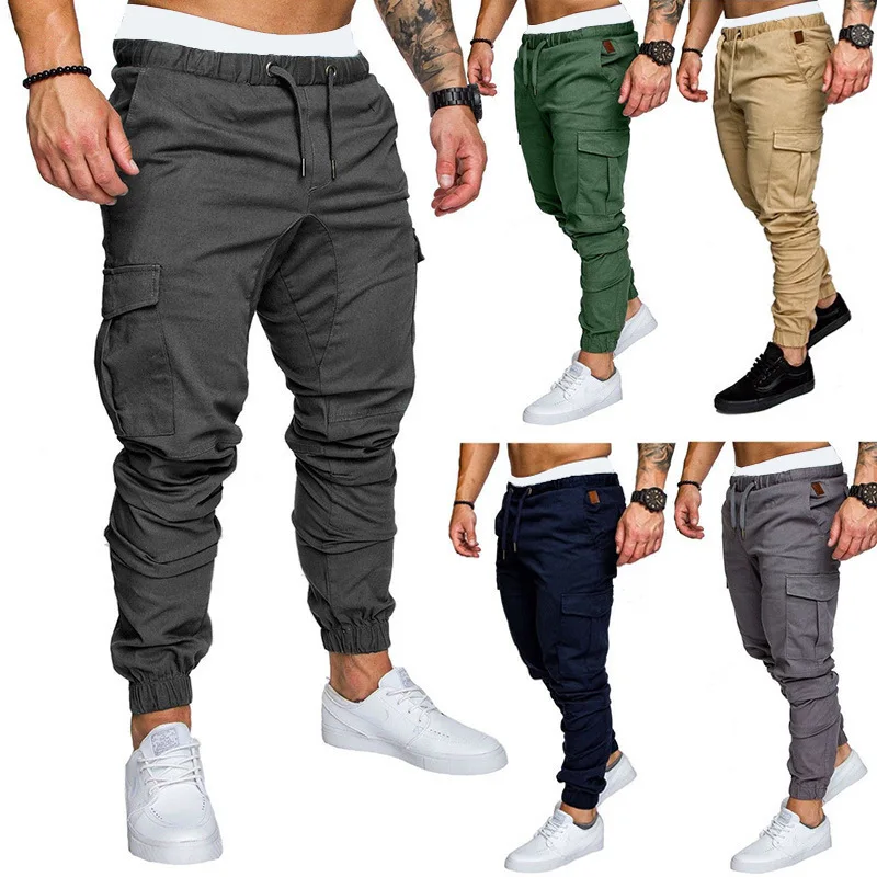 

Men Casual Workout Pants Streetwear Cargo Multi-pocket Pants Autumn Trousers Elastic Drawstring Sweatpants