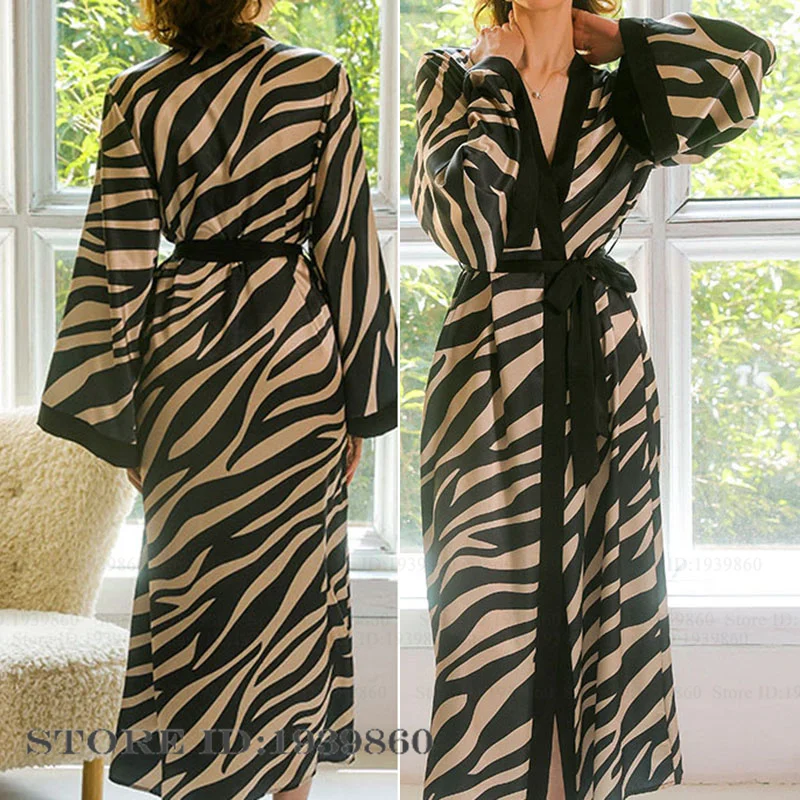 Fashion Print Zebra Pattern Long Robe Home Dress Silky Satin Kimono Bathrobe Gown Women's Sleepwear Spring Summer New Nightwear