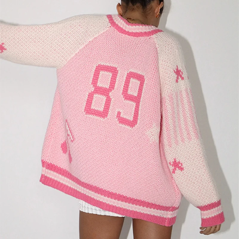 Cross border pink baseball jersey knitted sweater 2024 new sports sweet style loose cardigan zipper jacket