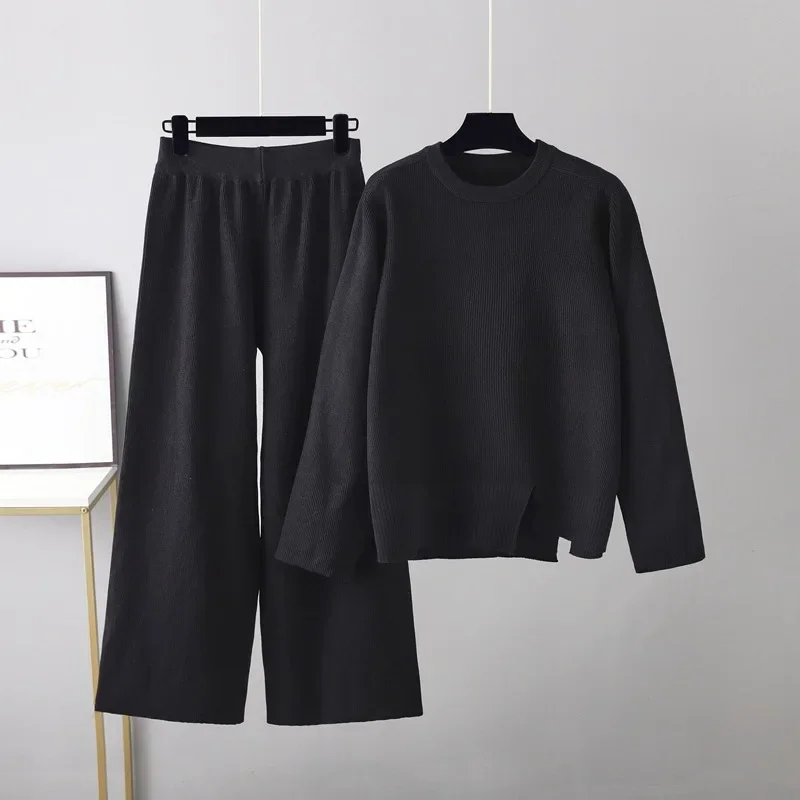 Warm Knit Sweater Set Women's Tracksuit Sets Autumn Winter Solid Color Sweater and Elastic Trousers Suits Knitted Two Piece Set