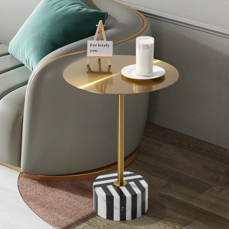 Light luxury stainless steel coffee table natural marble corner table modern living room round