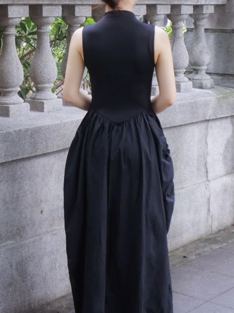 Robe mi-longue décontractée pour femme, vêtements de soirée monochromes, robe éducative, ligne en fibre, vintage, chic, élégant, noir, été, nouveau