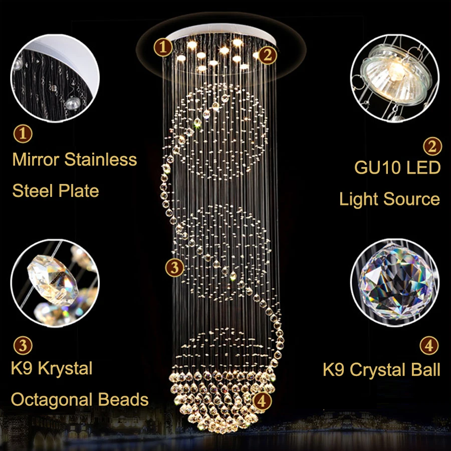 Crystal Chandelier Modern Spectacular LED Spiral Ball Raindrop K9 Ceiling Light Fixture Living Room Hotel Corridor Foyer