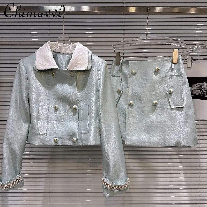 

2025 Autumn Clothes New French Style Beaded Cuff Short Jacket + Double-Breasted Short Skirt Set Elegant Women's Two-Piece Set