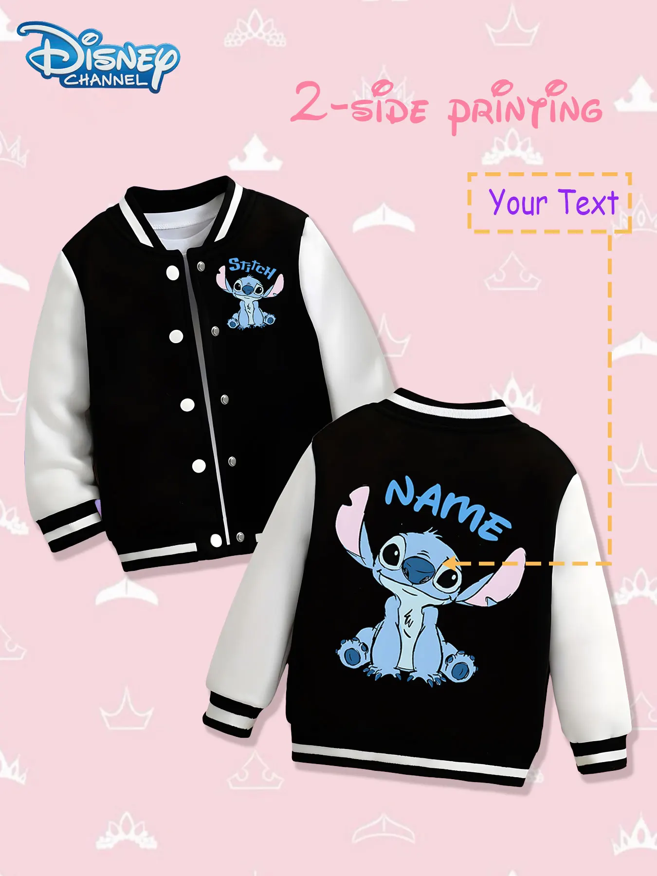 

MINISO Disney Classic Stitch Children's Baseball Jacket - Stitch's cute sitting posture is displayed on both sides, with a red b