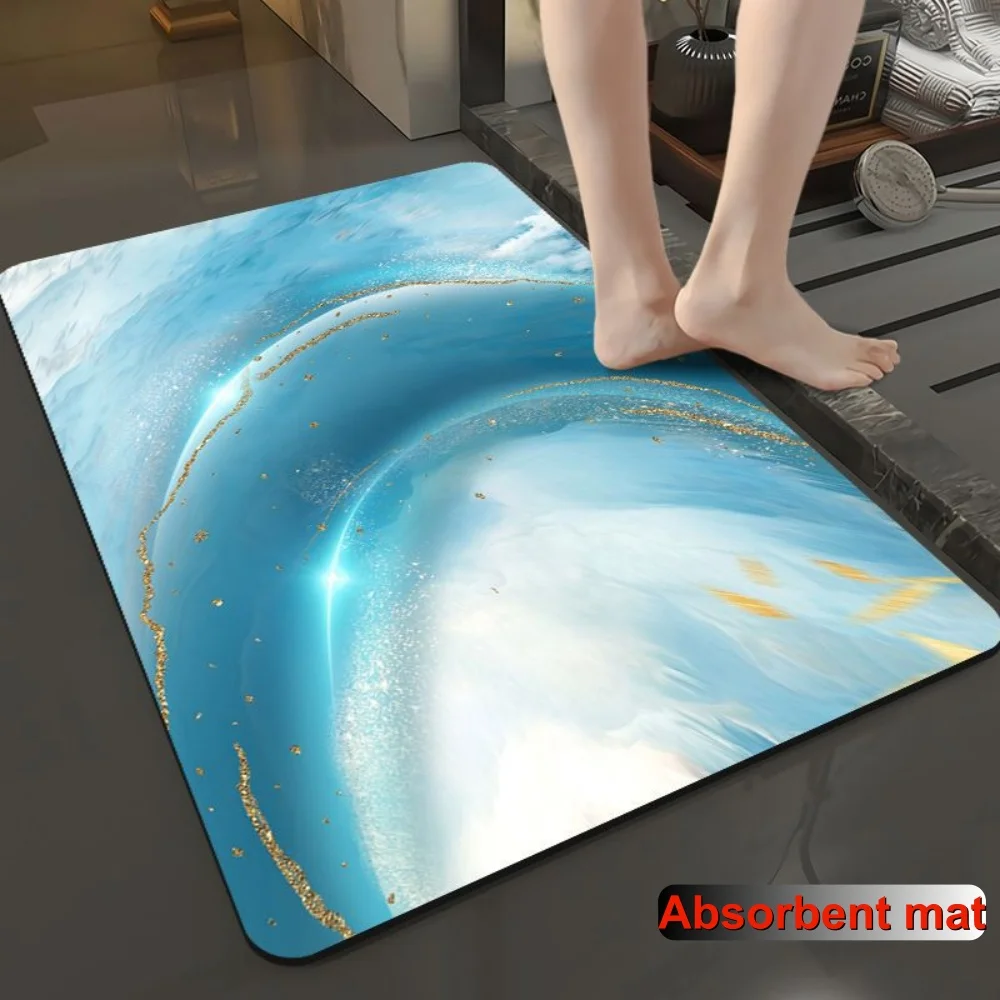 Blue Grey Gold Split Color Print Bath Mat Quick Dry Entry Rug Abstract Boundary Line Neutral For Modern Entrance Floor Cover