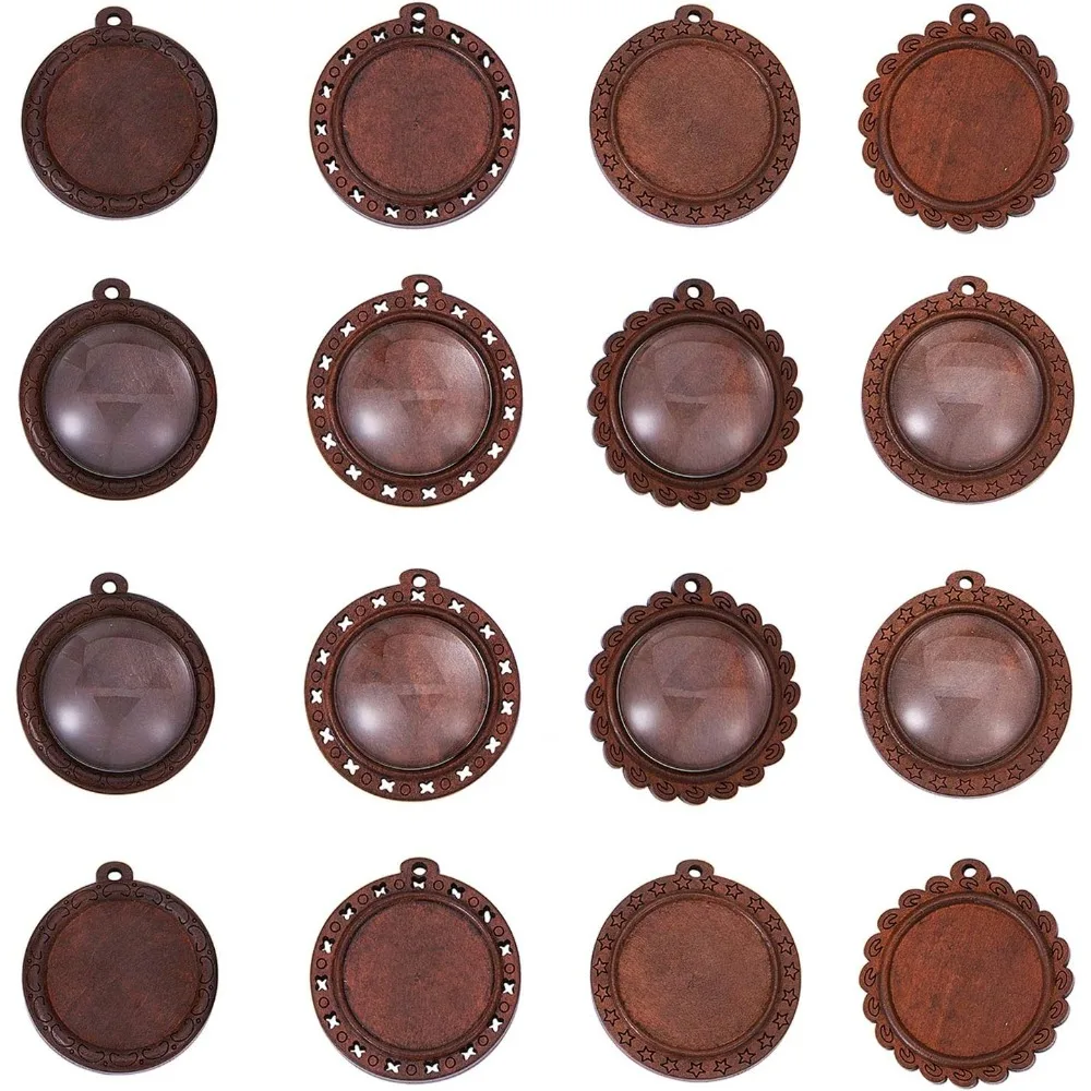 20pcs 4 Style Round Wooden Pendant Trays Bezels Blank with 30mm Glass Cabochon Dome Memorial Photo Pendant for Bouque