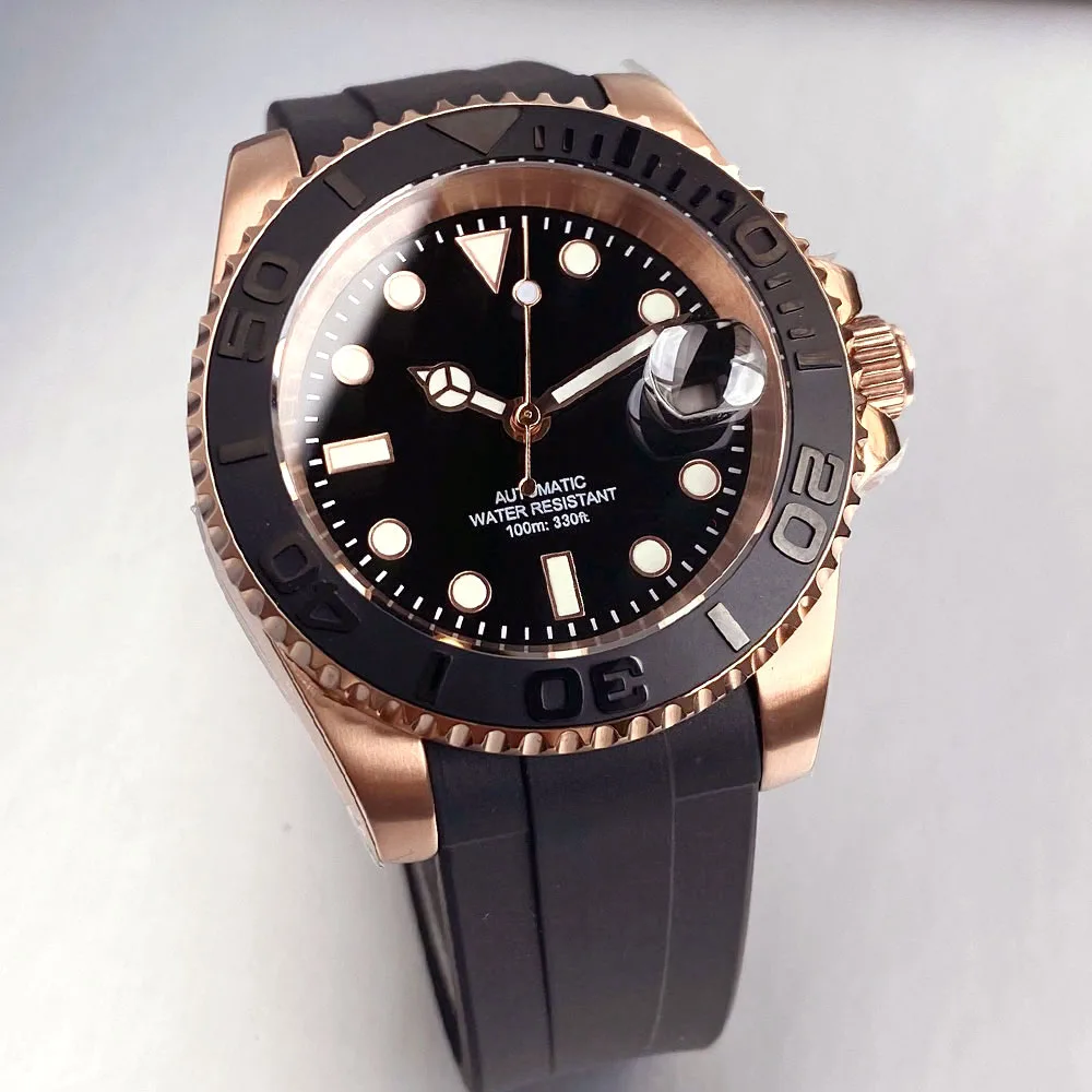 Jam Tangan Pria Mekanis Kustom NH35A Gerakan Otomatis Kaca Safir Sisipan Ceremic Tali Karet Gesper Baja Rose Gold