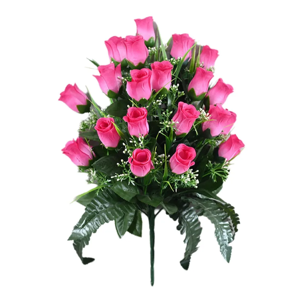 New 24 Heads Artificial Cemetery Flowers Faux Fake Silk Red Blue White Roses Bouquet Grave Decorations for Headstones