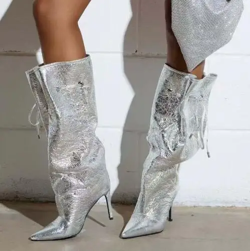 

New Woman Sliver Black Burgundy Gold Leather Pointed Toe Pleated Lace Up Calf Mid-calf Boots High Heel Modern Long Boots Shoes