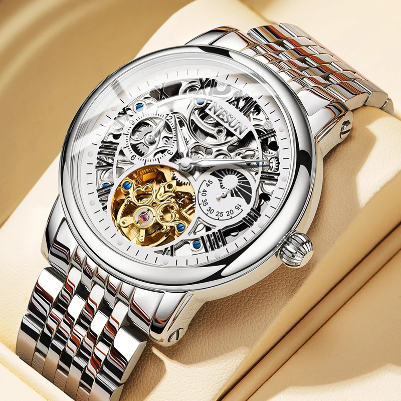 ساعة NESUN ميكانيكية أوتوماتيكية للرجال، ساعة رجال الأعمال الكلاسيكية متعددة الوظائف المصنوعة من الفولاذ المقاوم للصدأ