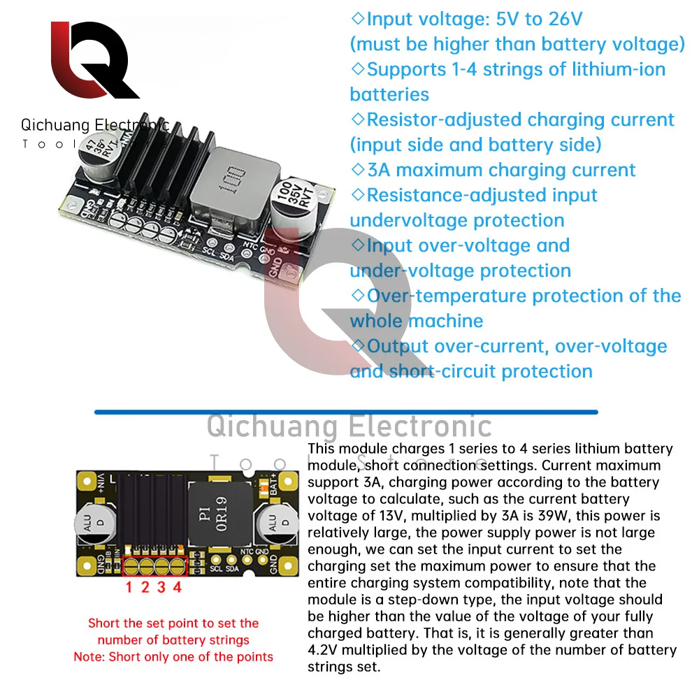 1S 2S 3S 4S 3A 40W Li-ion Battery Charging Buck Module Current Adjustable with Temperature Protection 5-26V Input Charger Module