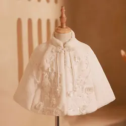 Jill Wish W002 Sequins Girls Shawl Plus Velvet White Long Sleeve Autumn And Winter Warm Children's Dress With Cape