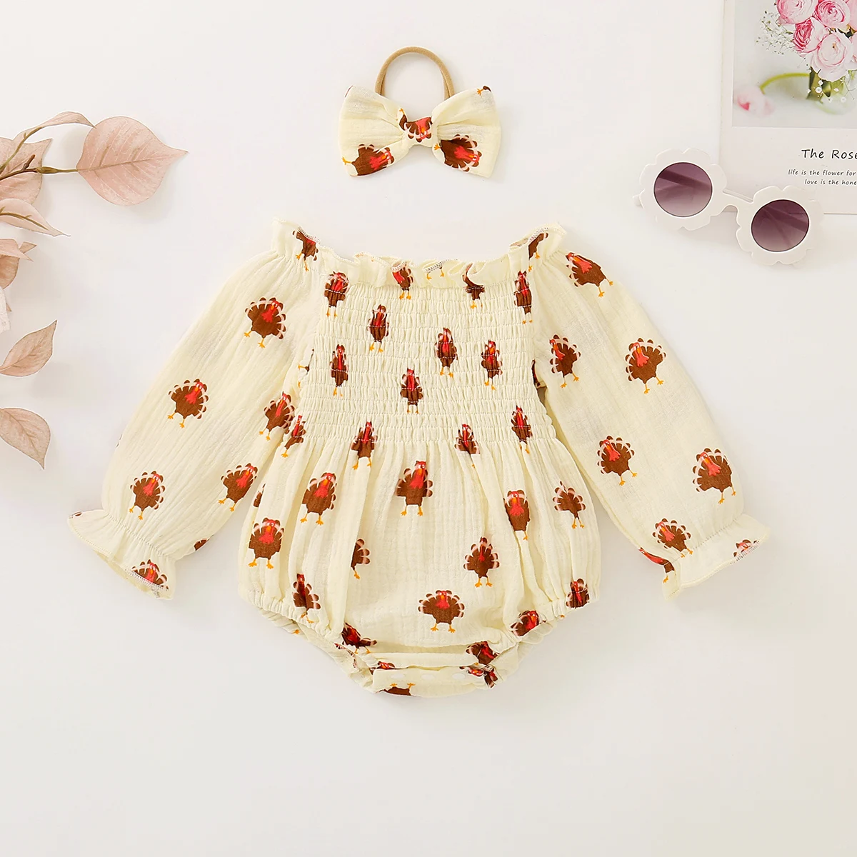 Spring Autumn Neutral Baby Turkey Embroidered Long Sleeve Harie with Butterfly Knot Headwear Thanksgiving Theme Baby Outfit