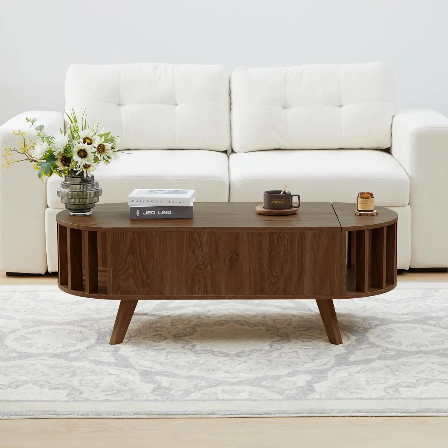 47.3" Lift Top Coffee Table with Hidden Storage, Small End Table with Curved Edge Design, Oval Center Table with Lift Tabletop
