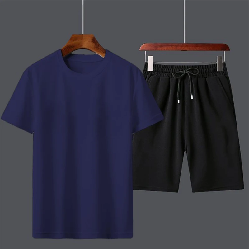 Summer New Men\'s Short-sleeved T-shirt Shorts Two-piece Sports Casual Suit Solid Color Summer Suit