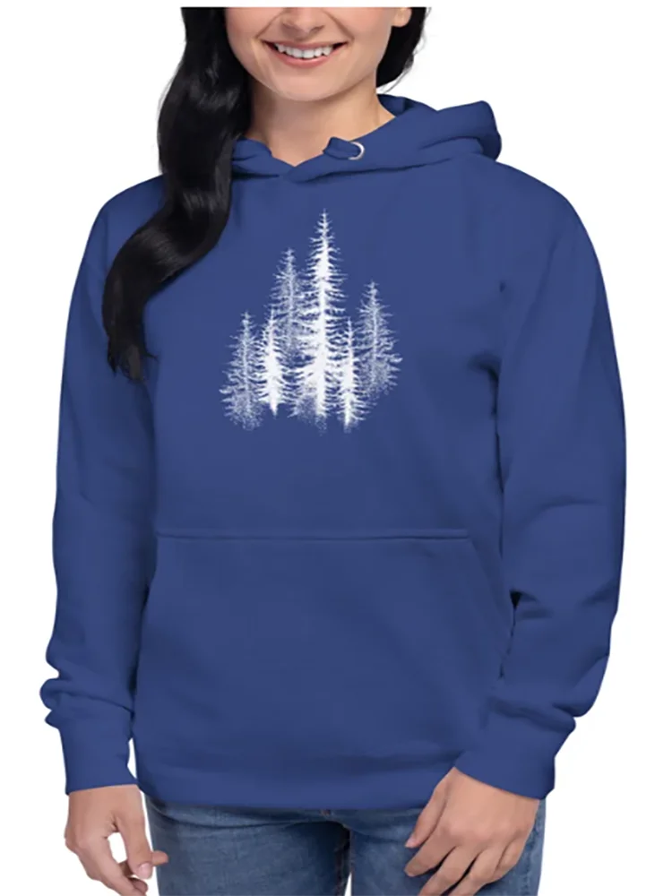 Pine Forest Trees สีขาวพิมพ์แขนยาว Crewneck Hoodie อินเทรนด์ Retro ขนาดใหญ่ของขวัญสําหรับเธอและเขากราฟิกเสื้อผ้า