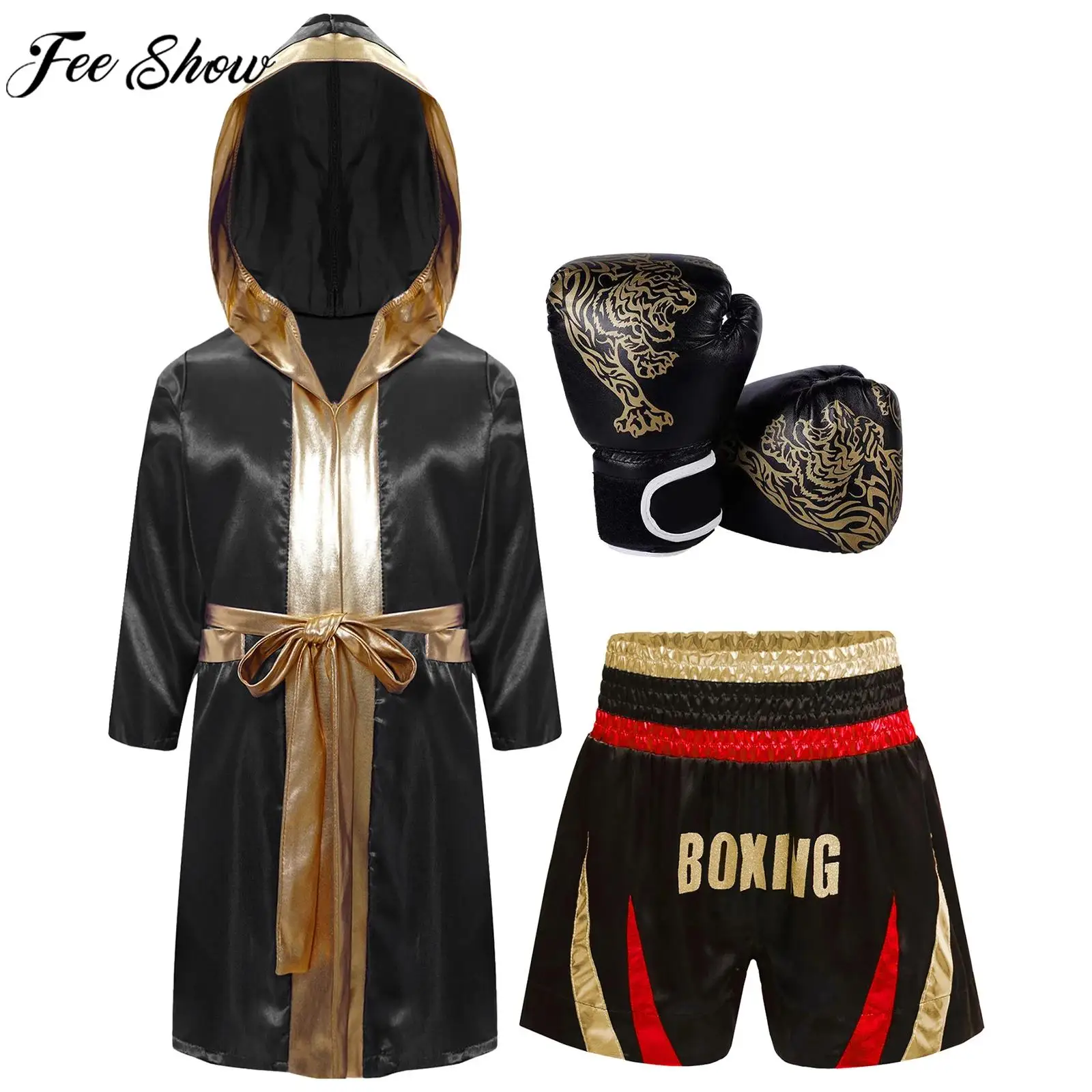 

Kids Boxing Hooded Robe Set Halloween Carnival Party Boxer Cosplay Costume Long Sleeve Satin Pugilism Cloak with Belt Shorts