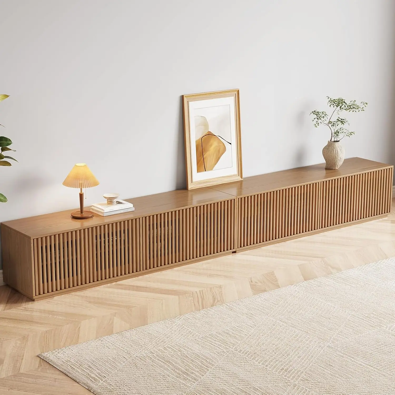 

125inch Wood Color TV Stand for 65-75Inch TV Farmhouse Enterment Center TV Console with Storage CabinetsMid-Century, Customized