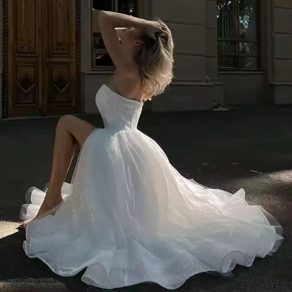 Customized Glitter Wedding Dresses With Pockets Tea-Length Bride Dress Strapless Slit Sexy Dress For Women 2025 Robe De Mariee