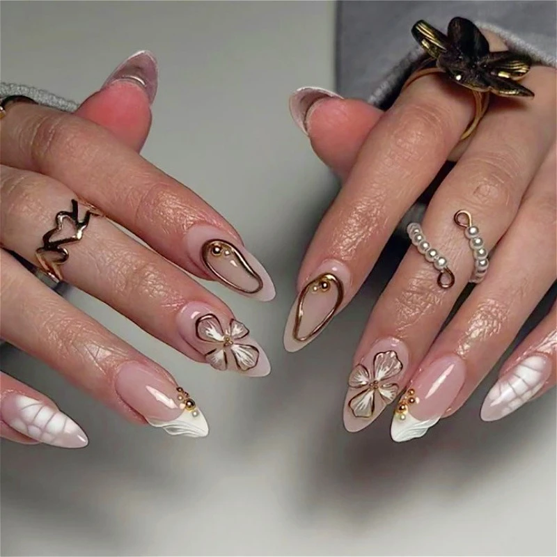 

Snake Pattern Metal Line Flower Almond False Nails Bowknot Pearl Leopard Ripple Long Pointed Fake Nails Art Press on Nails Tools