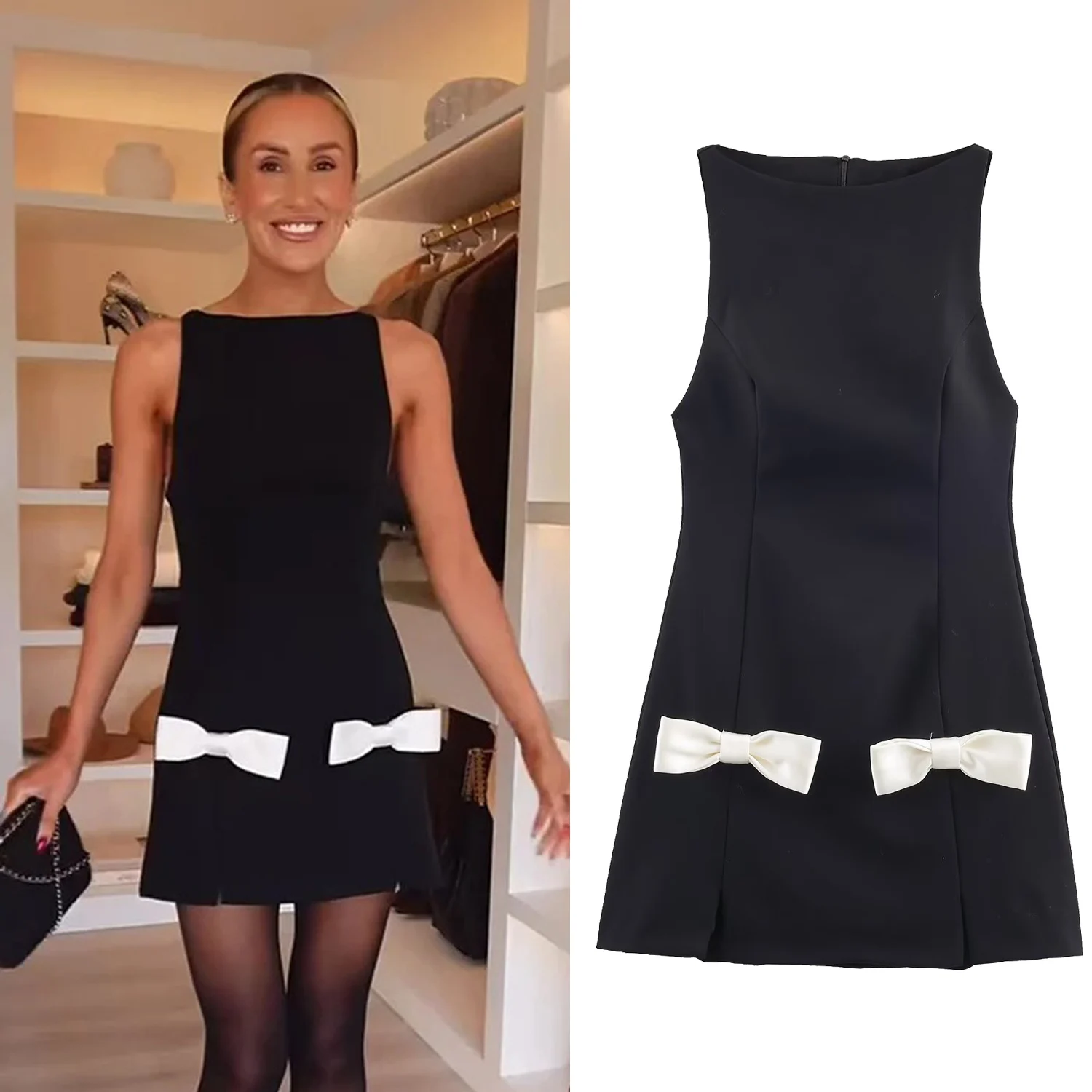 Mouwloze damesjurk in H-stijl Dame Lente Zomer Mode Slim-Fit Flatterende strikken Jurk Vrouwelijke O-hals met Rits Mini-jurk