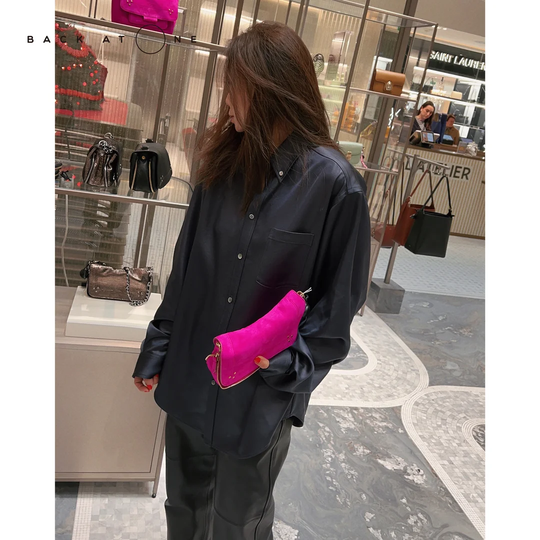 

k Night Blue Leather Tee Vine Collar irt by Tang Jialing "Taste Is So Much" Commute Sle Loose Fit Long Sve W...