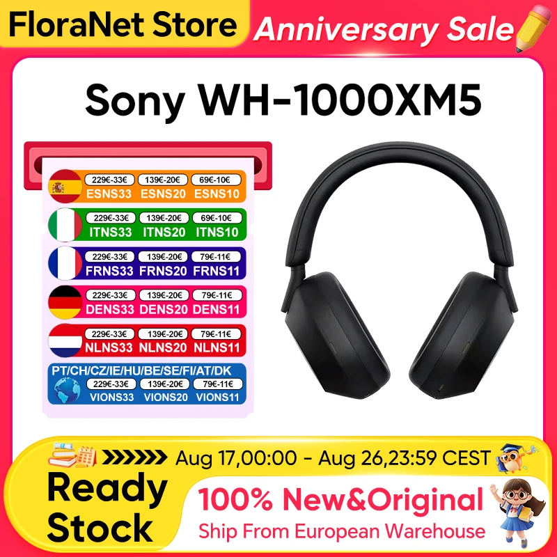 Original Sony WH-1000XM5 Kabellose Kopfhörer Bluetooth Geräuschunterdrückung Hi-Res Audio 30 Std. Akkulaufzeit Over-Ear-Headset