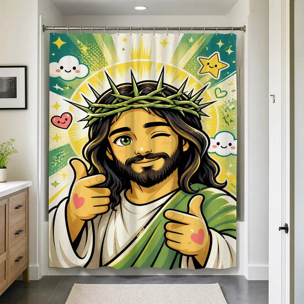 Waterproof Shower Curtain Jesus Christian Art Pop Culture Bathroom Decor Funny Cartoon Religious Shower Liner Liner for Home Bat