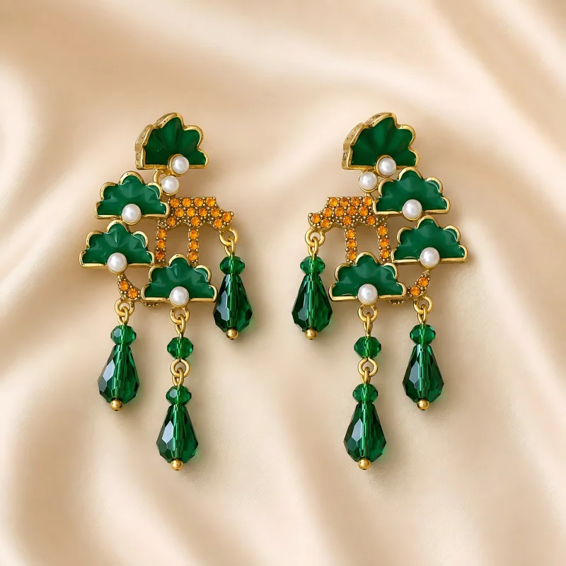 

Vintage Green Enamel Tassel Drop Earrings for Women Faux Pearl Crystal Bead Dangle Earrings Party Jewelry Gift