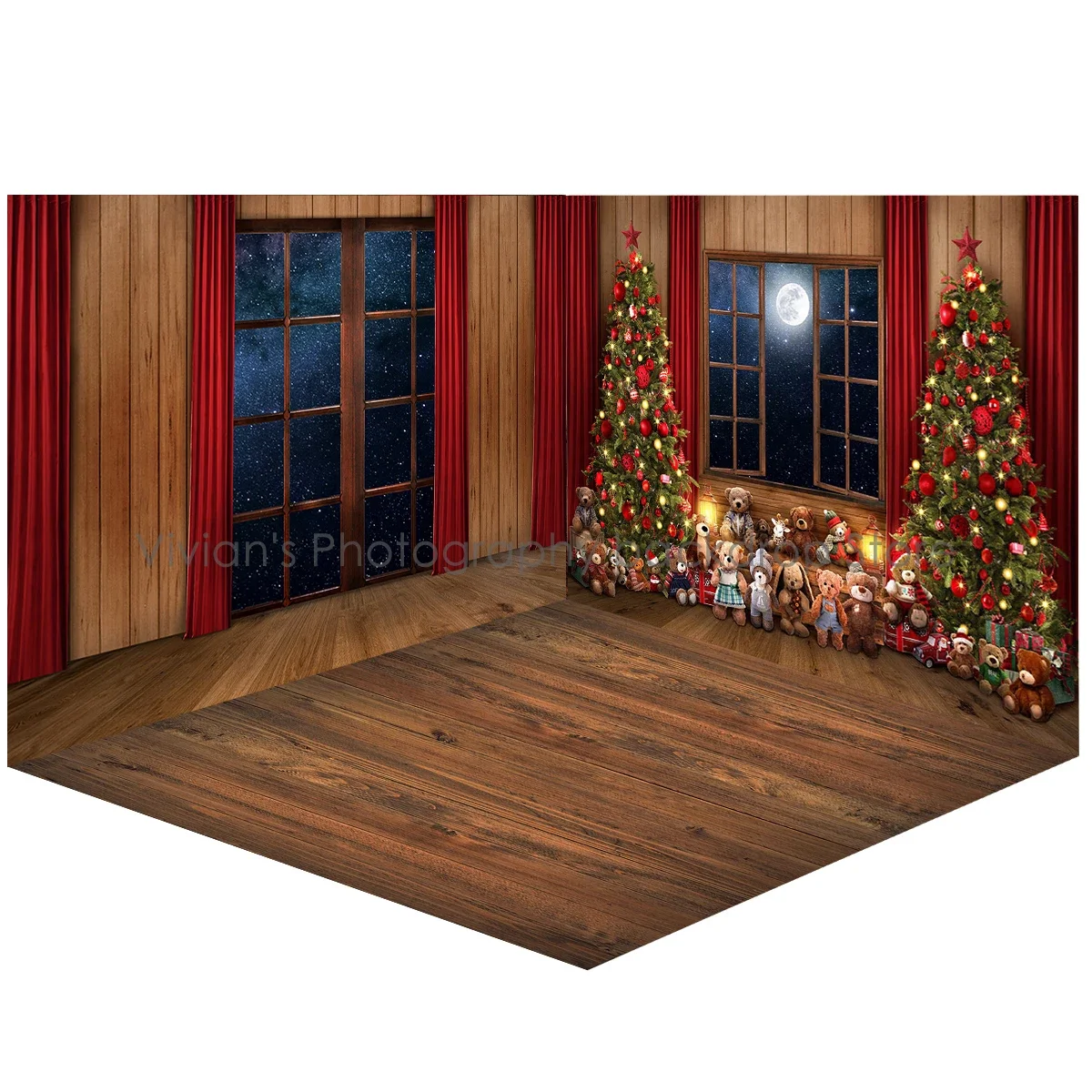Toile de fond de photographie de Noël pour enfants, portrait d'enfant, ours, bannière de festival, grande lune, plancher en bois, studio photo de bébé