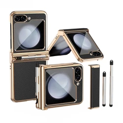 Plated Double Hinge Protection Leather Case For Samsung Galaxy Z Flip 6 5 4 3 Case With S Pen Stylus Cover For Z Flip5 Flip4