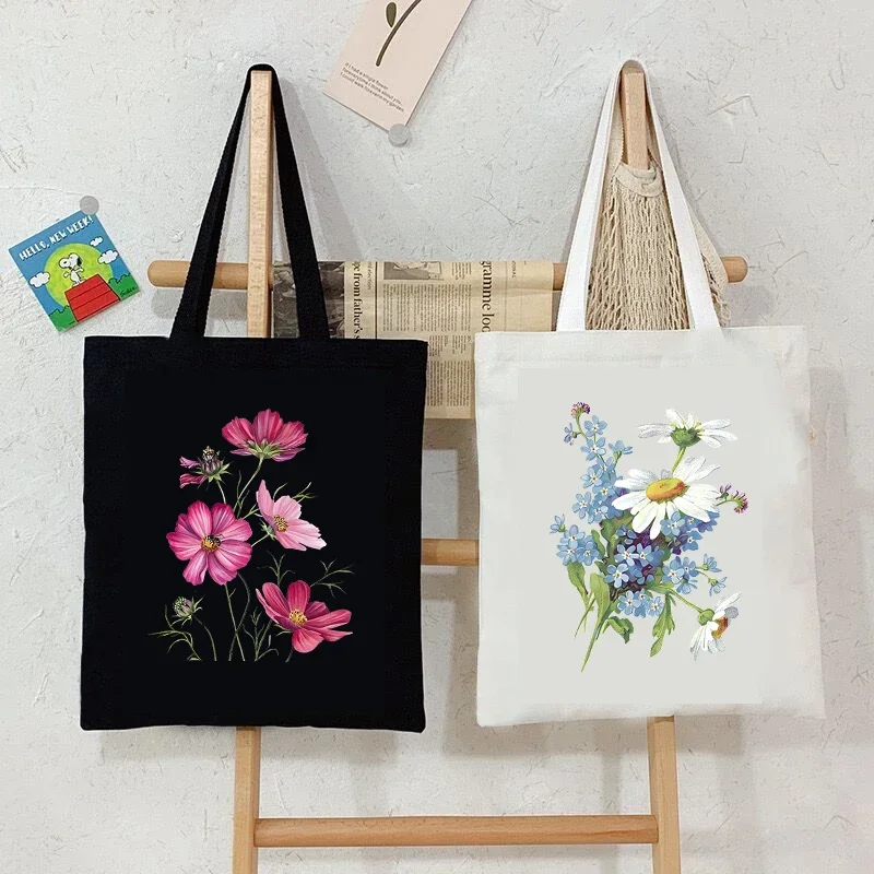 Modische Canvas-Tragetasche mit Ölgemälde-Wildblumen-Druck Damen-Schulter-Einkaufstasche Pflanzen-Stil Gänseblümchen Vintage-Blumen Damenhandtasche