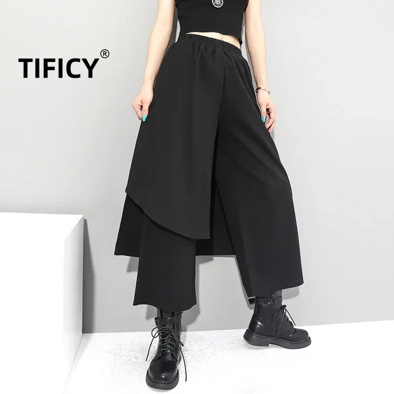 

Spring and Autumn Fake Two Piece Wide Leg Pants Elastic Waist Loose Women's Straight Leg Pants Irregular Pants Skirt