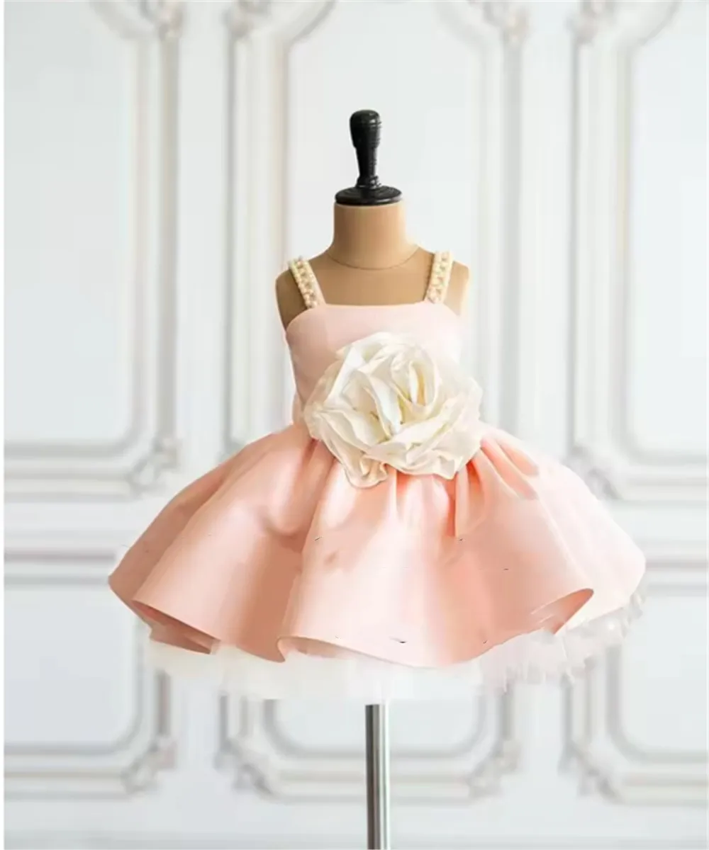

Simple Satin Flower Girl Wedding Gown Square Neck Sleeveless Beading Girl Birthday Party Dress with Bow Customized