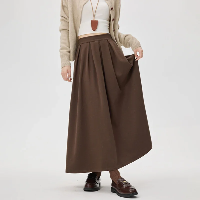 High Quality Pleated Long Skirts for Woman Autumn Winter Korean High Waist Woolen A-Line Skirt Women Elegant Retro Midi Skirts